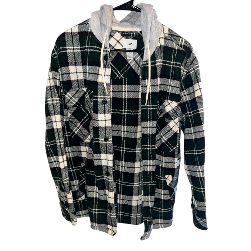 H&M Dark Green and White Plaid Flannel Jacket with Grey Hoodie- Men’s Size M - Picture 2 of 4